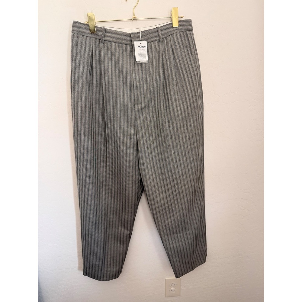 Partow Rosen Pleated Textured Stripe Virgin Wool Pants Grey Black Size 12 NWT